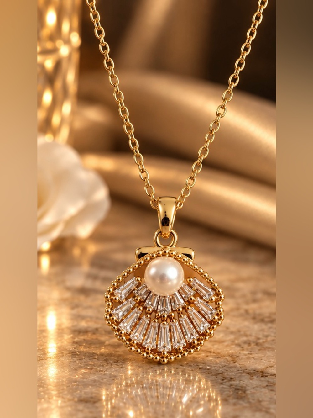 Gold Tone Pearl & Crystal Shell Pendant Necklace